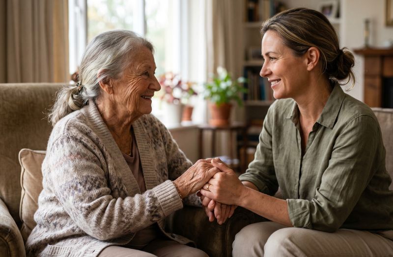 Caregiver spending quality time with an elderly resident in a boutique home setting near Pasco WA.